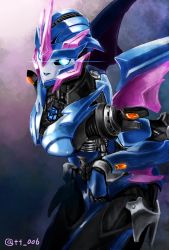 Rule 34 | 1girl, arcee, arcee (prime), autobot, blue eyes, blue lips, glowing, glowing eyes, hand on own hip, highres, insignia, looking at viewer, oberon826, solo, transformers, transformers prime