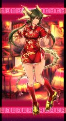 Rule 34 | &gt;:), 1girl, breasts, brown eyes, china dress, chinese clothes, cleavage, closed mouth, dragon girl, dragon horns, dragon tail, dress, full body, green hair, hair ornament, hair scrunchie, high heels, highres, horns, looking at viewer, low twintails, masayoshi, monster girl, original, pointy ears, red socks, scrunchie, short dress, short sleeves, small breasts, socks, solo, standing, table, tail, twintails, v-shaped eyebrows, wrist cuffs