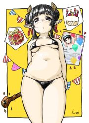Rule 34 | 1girl, arm behind back, balloon, bikini, birthday cake, black bikini, black hair, blunt bangs, blush, breasts, breasts apart, cake, candle, closed mouth, collarbone, commentary request, contrapposto, cowboy shot, dot mouth, dot nose, double bun, food, from below, gift, hair bun, hair ornament, hair ribbon, highres, horns, looking at viewer, navel, notice lines, original, outside border, pink eyes, red ribbon, ribbon, screenshot inset, shadow, shigekikkusu, signature, solo, speech bubble, spoken object, straight hair, string bikini, swimsuit, tareme, thick thighs, thighs, twitter username, watermark, web address, white background, yellow background