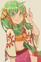 Rule 34 | 1girl, breasts, closed mouth, feena (grandia), grandia, grandia i, green eyes, green hair, hair ornament, hair tubes, long hair, looking at viewer, low-tied long hair, medium breasts, midriff, navel, open mouth, simple background, skirt, smile, solo, stamac jack, wide sleeves