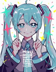 Rule 34 | 1girl, aqua eyes, aqua hair, aqua necktie, bad id, bad tumblr id, bare shoulders, character name, collared shirt, dated, detached sleeves, grey shirt, happy birthday, hatsune miku, highres, index fingers raised, kisaragi yuu (fallen sky), long hair, long sleeves, looking at viewer, necktie, parted lips, shirt, signature, smile, solo, twintails, upper body, vocaloid, white background