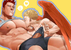 Rule 34 | 2boys, abs, bara, bare pectorals, beard, beard stubble, black male underwear, boku no hero academia, boxers, bulge, clothed male nude male, clothes lift, cum, cum in clothes, cum through clothes, endeavor (boku no hero academia), erection, erection under clothes, facial hair, feathered wings, feathers, feet out of frame, girthy penis, handjob, handjob over clothes, hawks (boku no hero academia), heart, highres, large pectorals, male focus, male lactation, male underwear, mature male, multiple boys, muscular, muscular male, muscular uke, navel, nipples, no pants, nude, p (pppppppppq), pectorals, penis, penis peek, red feathers, reverse nursing handjob, scar, scar across eye, shirt lift, short hair, spiked hair, spoken heart, stubble, sucking male nipple, tank top, textless version, thick thighs, thighs, underwear, veins, veiny penis, white tank top, wings, yaoi, yarofes:2023