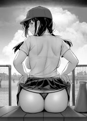 Rule 34 | 1girl, ass, backboob, baseball cap, blush, breasts, butt crack, clothes lift, cloud, fence, gentsuki, greyscale, hat, highres, large breasts, looking at viewer, looking back, megaphone, miniskirt, monochrome, original, pleated skirt, profile, seductive smile, see-through, sitting, skirt, skirt lift, smile, solo, thong, twintails