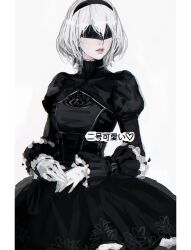 Rule 34 | 1girl, a2 (nier:automata), black blindfold, black dress, blindfold, commentary request, cowboy shot, d.k, dress, facing to the side, frilled sleeves, frills, gloves, grey background, hair between eyes, hairband, juliet sleeves, long sleeves, own hands together, parted lips, print dress, puffy sleeves, red lips, short hair, simple background, solo, translation request, white gloves, white hair, yorha
