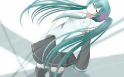 Rule 34 | 1girl, aqua hair, aqua necktie, bare shoulders, black skirt, black thighhighs, closed eyes, closed mouth, collared shirt, commentary, cropped legs, detached sleeves, dress shirt, dutch angle, expressionless, grey shirt, hatsune miku, highres, leaning back, long hair, necktie, number tattoo, pleated skirt, shirt, shoulder tattoo, skirt, sleeveless, sleeveless shirt, solo, tattoo, thighhighs, twintails, vocaloid, yu rua, zettai ryouiki