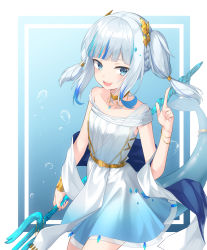 Rule 34 | 1girl, :d, absurdres, blue background, blue eyes, blue hair, blue nails, blunt bangs, blush, bracelet, braid, bubble, choker, collarbone, dress, fins, fish tail, gawr gura, gawr gura (party dress), gradient background, gradient clothes, gradient dress, hair ornament, hand up, highres, holding, holding polearm, holding weapon, hololive, hololive english, jewelry, looking to the side, moon (restire), multicolored hair, nail polish, official alternate costume, open mouth, polearm, shark girl, shark tail, sharp teeth, short sleeves, sidelocks, sideways glance, smile, solo, streaked hair, tail, teeth, trident, two-tone hair, virtual youtuber, weapon, white background, white dress, white hair