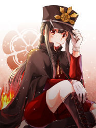 Rule 34 | 1boy, bad id, bad pixiv id, black hair, boots, cape, crest, cross-laced footwear, family crest, fate/grand order, fate (series), fire, gloves, hand on headwear, hat, iroha (shiki), knee up, long hair, long sleeves, looking at viewer, male focus, oda nobukatsu (fate), oda uri, peaked cap, ponytail, red eyes, shorts, sidelocks, sitting, solo, white gloves