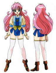Rule 34 | 1990s (style), back, blue eyes, boots, bracelet, brown footwear, full body, highres, jewelry, long hair, looking at viewer, megami paradise, multiple views, official art, open mouth, pendant, pink hair, retro artstyle, rurubell, short sleeves, simple background, skirt, standing, thighhighs, white background, white legwear