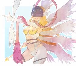 Rule 34 | 1girl, angel, angel wings, angewomon, armor, arrow (projectile), blonde hair, bow, breastplate, breasts, clothing cutout, covered eyes, cowboy shot, digimon, digimon (creature), feathered wings, gloves, head wings, helmet, helmet over eyes, holding, holding arrow, long hair, looking at viewer, medium breasts, pointing, rikka (tcbn 18), single glove, solo, sparkle, stomach cutout, twitter username, white gloves, white wings, wings