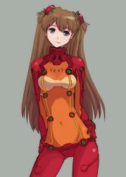Rule 34 | 00s, 1girl, blue eyes, bodysuit, bracer, breasts, brown hair, clothes writing, contrapposto, covered navel, cowboy shot, evangelion: 2.0 you can (not) advance, gloves, grey background, hair ornament, hairpods, hands on own hips, head tilt, highres, interface headset, light smile, long hair, looking at viewer, multicolored clothes, neon genesis evangelion, pilot suit, pinzu, plugsuit, rebuild of evangelion, red bodysuit, see-through, see-through bodysuit, shiny clothes, simple background, skinny, small breasts, smile, solo, souryuu asuka langley, standing, test plugsuit, turtleneck, very long hair, wide hips