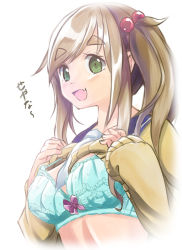 Rule 34 | 10s, 1girl, :d, blue bra, blue sailor collar, blush, bow, bow bra, bra, breasts, brown hair, clothes lift, eyebrows, fang, fingernails, gc3, green eyes, hair bobbles, hair ornament, inuyama aoi, large breasts, long sleeves, looking at viewer, necktie, open mouth, sailor collar, side ponytail, sidelocks, simple background, skin fang, sleeves past wrists, smile, solo, standing, sweater, sweater lift, thick eyebrows, translated, underwear, upper body, white background, white necktie, yurucamp