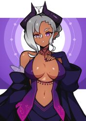 Rule 34 | 1girl, absurdres, bacon strips, breasts, breasts apart, collarbone, commission, dangle earrings, dress, earrings, fingernails, grey eyes, grey hair, hand on own chest, highres, horns, jewelry, large breasts, mole, mole on breast, navel, original, parted lips, pointy ears, purple dress, purple eyes, purple nails, sharp fingernails, short hair, solo