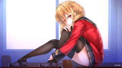 Rule 34 | 1girl, blonde hair, blush, classroom, clip studio paint, commission, desk, drill hair, erika wagner, flats, highres, long hair, looking at viewer, red eyes, rizihike, school desk, sitting, sitting on object, skirt, solo, stretching, thighhighs, thighs, twin drills, twintails, under night in-birth, under night in-birth exe:late[st], uniform, window