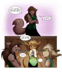 Rule 34 | !, ..., 1boy, 2girls, basitin, blush, brown eyes, brown hair, comic, crossed arms, ears down, embarrassed, english text, closed eyes, fangs, flat chest, floor, flustered, furry, highres, indoors, keidran, keith keiser, long hair, madelyn adelaide, multiple girls, natani, nom, open mouth, robe, shirt, short hair, simple background, speech bubble, tail, teeth, text focus, tom fischbach, tongue, tsundere, twokinds, upper body, vest, white background, wolf, yellow eyes