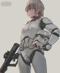 Rule 34 | 1girl, animification, armor, brown hair, carrying, carrying under arm, chromatic aberration, cowboy shot, energy gun, gun, unworn headwear, helmet, unworn helmet, holding, holding gun, holding weapon, logo, original, profile, redesign, science fiction, short hair, simple background, solo, star wars, stormtrooper, trigger discipline, very short hair, weapon, xiao qiang (overseas)