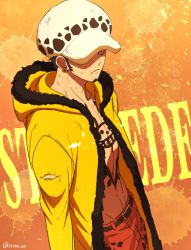 Rule 34 | 1boy, 1yoichi1, chest tattoo, facial hair, fur trim, hat, jacket, male focus, official alternate costume, one piece, open clothes, open jacket, solo, tattoo, trafalgar law, yellow jacket