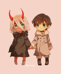 Rule 34 | 10s, 1boy, 1girl, bandages, black hair, blue eyes, coat, colored sclera, colored skin, couple, darling in the franxx, green eyes, grey coat, holding hands, hiro (darling in the franxx), horns, long hair, oni horns, parka, pink hair, red sclera, red skin, short hair, signature, spoilers, tokuura, twitter username, winter clothes, winter coat, zero two (darling in the franxx)