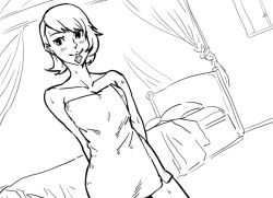 Rule 34 | 1girl, bad id, bb (baalbuddy), bed, blush, breasts, canopy bed, cleavage, condom, greyscale, inactive account, indoors, monochrome, persona, persona 3, short hair, solo, standing, swept bangs, takeba yukari, third-party source, towel, window