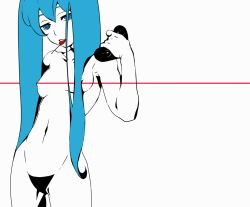 Rule 34 | 1girl, black panties, blue eyes, blue hair, breasts, candy, female focus, food, hatsune miku, lollipop, long hair, looking at viewer, matching hair/eyes, monochrome, navel, nipples, panties, pipipotto, simple background, solo, spot color, twintails, underwear, underwear only, vocaloid, white background