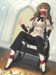 Rule 34 | 1girl, absurdres, black bow, black bowtie, black footwear, black pants, blue eyes, bound, bound ankles, bound wrists, bow, bowtie, breasts, brown hair, fate/apocrypha, fate (series), female focus, fiore forvedge yggdmillennia, full body, gag, gagged, highres, improvised gag, kaddo, long sleeves, medium breasts, pants, remote control vibrator, sex toy, shoes, sidelocks, sitting, tape, tape gag, vibrator, vibrator cord, vibrator under clothes, wheelchair