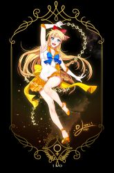Rule 34 | 10s, 1girl, 2015, :d, aino minako, arm up, armpits, bishoujo senshi sailor moon, black background, blonde hair, blue bow, blue eyes, bow, brooch, choker, dated, elbow gloves, full body, gloves, hair bow, half updo, heart, heart brooch, iso1206, jewelry, long hair, magical girl, open mouth, orange footwear, orange skirt, pleated skirt, red bow, sailor venus, shoes, signature, skirt, smile, solo, super sailor venus, tiara, venus symbol, white gloves, yellow bow