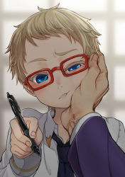 Rule 34 | 2boys, :t, blonde hair, blue eyes, blurry, blurry background, colored eyelashes, glasses, hakata toushirou, hand on another&#039;s face, looking at viewer, male focus, multiple boys, pen, red-framed eyewear, satou saori, short hair, touken ranbu, uneven eyes, upper body, very short hair