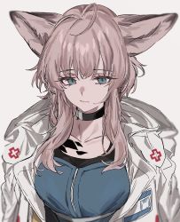 Rule 34 | 1girl, aged up, animal ears, aogisa, arknights, black choker, blue eyes, blue shirt, breasts, brown hair, choker, closed mouth, coat, collarbone, fox ears, highres, looking at viewer, material growth, medium breasts, open clothes, open coat, oripathy lesion (arknights), shirt, short hair with long locks, sidelocks, simple background, solo, sussurro (arknights), white background, white coat