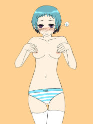 Rule 34 | 1girl, atlus, blue hair, blush, breasts, collarbone, green panties, navel, panties, persona, persona 3, purple eyes, solo, striped clothes, striped panties, thigh gap, thighhighs, topless, underwear, underwear only, white thighhighs, yamagishi fuuka