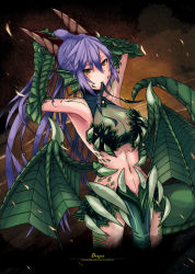 Rule 34 | 1girl, adjusting hair, animal hands, armpits, arms up, bad id, bad pixiv id, bare shoulders, blush, breasts, claws, cleavage, crystal, dragon, dragon (monster girl encyclopedia), dragon girl, dragon tail, dragon wings, female focus, green wings, heart, highres, horns, large breasts, loincloth, long hair, looking at viewer, midriff, monster girl, monster girl encyclopedia, mouth hold, navel, purple hair, ribbon, scales, see-through, solo, standing, sud (sudea), tail, turtleneck, wings, yellow eyes