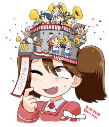 Rule 34 | 6+girls, :d, blush, brown hair, character request, confetti, dated, dot nose, embarrassed, fairy (kancolle), fang, finger to mouth, hand up, hat, instrument, jacket, kantai collection, long sleeves, looking up, medium hair, mini person, minigirl, multiple girls, music, noumiso, one eye closed, open mouth, pink jacket, playing instrument, ribbon, ryuujou (kancolle), simple background, smile, solo focus, tomoe (symbol), trumpet, tuba, twintails, twitter username, white background, white ribbon