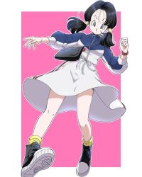 Rule 34 | 1girl, artist request, black hair, border, dragon ball, dragonball z, fingernails, full body, highres, legs, long legs, looking at viewer, simple background, skirt, solo, standing, twintails, videl, watch, white border, wristwatch