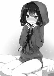 Rule 34 | 1girl, bad id, bad pixiv id, bed, blush, bottomless, greyscale, highres, hood, hoodie, long hair, looking at viewer, monochrome, naked hoodie, original, sitting, solo, tissue, tissue box, wavy mouth, yadapot