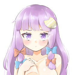 Rule 34 | 1girl, arnest, bad id, bad twitter id, bare shoulders, blue bow, blunt bangs, blush, bow, breasts, cleavage, collarbone, crescent, crescent hair ornament, hair bow, hair ornament, hand on own chest, large breasts, long hair, looking at viewer, multi-tied hair, patchouli knowledge, portrait, pout, purple eyes, purple hair, red bow, sidelocks, touhou, white background