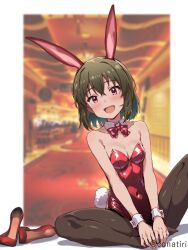 Rule 34 | 1girl, animal ears, black pantyhose, blurry, blurry background, blush, border, bow, bowtie, breasts, casino, cleavage, collarbone, commentary request, covered navel, detached collar, fake animal ears, fake tail, green hair, hair between eyes, high heels, idolmaster, idolmaster million live!, indoors, konachiri, leotard, nagayoshi subaru, no shoes, open mouth, outside border, pantyhose, rabbit ears, rabbit tail, red bow, red bowtie, red eyes, red footwear, red leotard, short hair, sitting, small breasts, smile, solo, tail, twitter username, white border, wrist cuffs