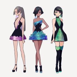 Rule 34 | 3girls, aqua eyes, arm at side, arm behind back, bare arms, bare legs, bare shoulders, bismuth, black dress, black footwear, black hair, black legwear, blue dress, blue nails, blunt bangs, blush, boots, breasts, clenched hand, closed eyes, closed mouth, collarbone, cowboy shot, crossed legs, dark-skinned female, dark skin, dress, earrings, eyeshadow, female focus, full body, green dress, green eyes, green lips, green nails, grey background, grey hair, hair over one eye, halterneck, hand on own hip, hands on own hips, high heels, jewelry, kisaragi yuu (fallen sky), legs, lineup, lips, lipstick, long hair, looking at viewer, makeup, medium breasts, multicolored clothes, multicolored dress, multiple girls, nail polish, neck, original, parted lips, ponytail, profile, purple dress, shoes, short dress, short hair, signature, simple background, small breasts, smile, standing, strapless, strapless dress, stud earrings, thigh boots, thighhighs, turtleneck, turtleneck dress, watson cross, white background