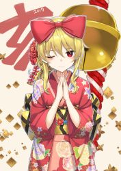Rule 34 | 10s, 1girl, 2019, arifureta shokugyou de sekai saikyou, blonde hair, blush, bow, commentary request, eyelashes, floral print, flower, hair flower, hair ornament, hair ribbon, hands up, head tilt, highres, japanese clothes, kimono, looking at viewer, new year, obi, one eye closed, own hands together, red bow, red eyes, ribbon, sash, shrine bell, sidelocks, smile, solo, takayaki, wide sleeves, yue (arifureta)