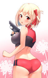 Rule 34 | 1girl, :o, ass, blush, bob cut, breasts, buruma, butt crack, clenched hand, floral background, floral print, flower, from behind, gun, hair ribbon, handgun, highres, holding, holding gun, holding weapon, karua (karua23), lycoris recoil, medium breasts, midriff, nishikigi chisato, official alternate costume, one side up, open mouth, red buruma, red eyes, red ribbon, ribbon, short hair, solo, spider lily, spider lily print, sports bra, trigger discipline, two-tone sports bra, weapon