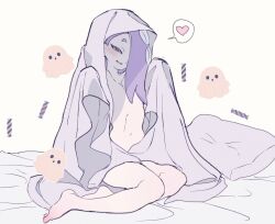 Rule 34 | 1girl, aggae 1, barefoot, bed sheet, blanket, blue hair, collarbone, fangs, ghost, hair over one eye, heart, highres, looking at viewer, navel, nintendo, nude, octoling player character, open mouth, red eyes, sheet grab, shiver (splatoon), sitting, smile, solo, speech bubble, splatoon (series), splatoon 3, spoken heart, tentacle hair