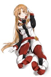 Rule 34 | 1girl, absurdres, asuna (sao), augma, blush, boots, brown eyes, brown hair, closed mouth, full body, gloves, hair between eyes, highres, jacket, long hair, long sleeves, looking at viewer, pants, red pants, simple background, sitting, smile, solo, sword art online, sword art online the movie: ordinal scale, user cfef8374, very long hair, white background, white gloves