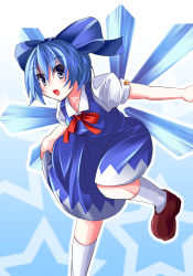 Rule 34 | 1girl, blue eyes, blue hair, bow, cirno, detached wings, hair bow, ice, ice wings, matching hair/eyes, open mouth, puffy sleeves, rei-ru, short hair, short sleeves, socks, solo, touhou, white socks, wings
