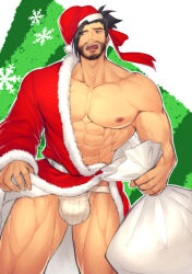 Rule 34 | 1boy, abs, alternate costume, bara, bare pectorals, beard, beard stubble, black hair, christmas, facial hair, feet out of frame, full beard, gift bag, hanzo (overwatch), hat, highres, hunterkay, large pectorals, male focus, mature male, muscular, muscular male, nipples, no tattoo, overwatch, overwatch 1, pectorals, red hat, santa costume, santa hat, short hair, shy, solo, standing, stomach, stubble, thick eyebrows, thick thighs, thighs