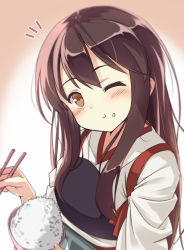 Rule 34 | 10s, 1girl, akagi (kancolle), aoki minami (+box), bowl, brown eyes, brown hair, chopsticks, eating, food, food on face, japanese clothes, kantai collection, kyuu pito, long hair, muneate, one eye closed, personification, rice, rice on face, smile, solo, wink