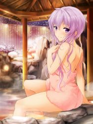 Rule 34 | 1girl, arm at side, arm support, bare tree, blurry, blush, closed mouth, depth of field, eyebrows, fence, from side, fujino (yoshi9798174), hair between eyes, holding, holding towel, lantern, looking at viewer, naked towel, onsen, purple eyes, purple hair, rock, short hair with long locks, shoulder blades, sitting, smile, snow, snowing, soaking feet, solo, steam, towel, tree, vocaloid, voiceroid, water, wet, wet hair, winter, wooden fence, yuzuki yukari