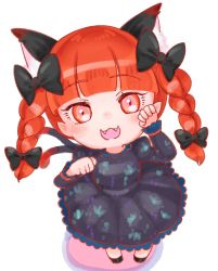 Rule 34 | 1girl, :3, :d, animal ears, black bow, bow, braid, cat ears, cat tail, dress, fangs, from above, hair bow, highres, kaenbyou rin, long sleeves, looking at viewer, multiple tails, nekomata, open mouth, red eyes, red hair, satsuki mei (17maymay14), smile, solo, tail, touhou, twin braids, two tails