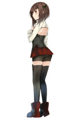 Rule 34 | 10s, 1girl, back cutout, bike shorts, black thighhighs, blush, brown eyes, brown hair, clothing cutout, from side, full body, headgear, highres, kantai collection, kou mashiro, panties under bike shorts, short hair, simple background, skirt, solo, standing, taihou (kancolle), thighhighs, white background