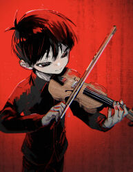 Rule 34 | 1boy, antenna hair, black eyes, black hair, black jacket, black pants, bow (music), child, commentary request, cowboy shot, from above, highres, holding, holding bow (music), holding instrument, instrument, jacket, long sleeves, male focus, music, omori, pants, playing instrument, red background, short hair, simple background, solo, standing, sunny (omori), toastytoast, violin