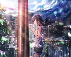 Rule 34 | 1girl, absurdres, amano hina (tenki no ko), bare arms, bare shoulders, black hair, choker, city, cityscape, cloud, dfd, fence, furrowed brow, highres, hood, hood down, hoodie, jacket, long hair, low twintails, open mouth, outdoors, own hands together, plant, short shorts, shorts, sky, sleeveless, sleeveless jacket, solo, tenki no ko, torii, twintails, water drop