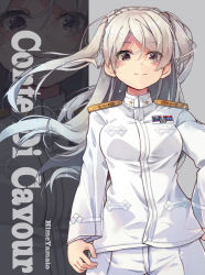 Rule 34 | 1girl, alternate costume, breasts, character name, conte di cavour (kancolle), grey eyes, grey hair, highres, himeyamato, jacket, kantai collection, large breasts, long hair, long sleeves, military, military uniform, pants, solo, two side up, uniform, white jacket, white pants, white uniform