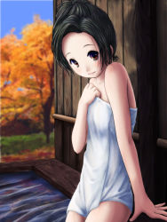 Rule 34 | 1girl, arm support, bare shoulders, black hair, closed mouth, cowboy shot, day, flat chest, outdoors, phazer, plant, sitting, sky, solo, towel, tree, water