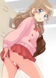 Rule 34 | 1girl, ass, bag, blue eyes, blunt bangs, blush, bow, bowtie, brown hair, cardigan, cleft of venus, commentary request, earrings, eyebrows, highres, indoors, jewelry, kikurage (crayon arts), light brown hair, locker, long hair, long sleeves, looking at viewer, mewkledreamy, neck ribbon, no panties, open mouth, pink cardigan, pleated skirt, pussy, pussy juice, pussy juice trail, red bow, red bowtie, red ribbon, red skirt, ribbon, school uniform, sidelocks, skirt, solo, standing, thighs, tsukishima maira, wavy hair